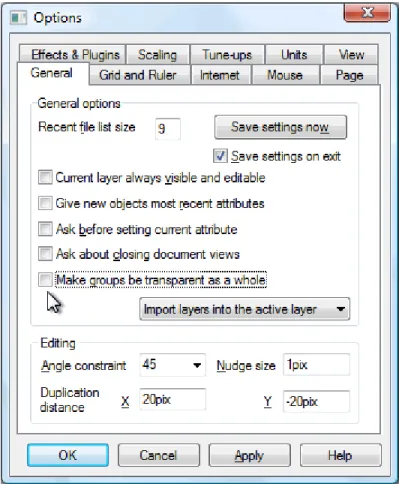 Figure 2.16.  On the General tab of the Options dialogue, unselecting Make groups be transparent as a whole ensures  no  group  transparency  is  applied  (which  Flash  doesn’t  support),  and  instead,  all  objects  within  a  group  have  the  transpar