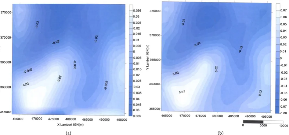 Figure 5. Comparison of the geoid model (color scale is in meters), obtained from 1-Integration of the vertical deflection of ξ and η, 2-Potential method