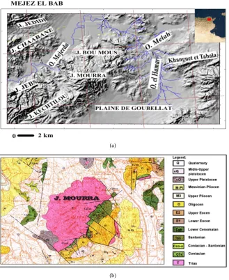 Figure 1. Study area: (a) DTM and hydrographic network of Mejez El Bab area ified; (b) Geometry of Mourra Mountain