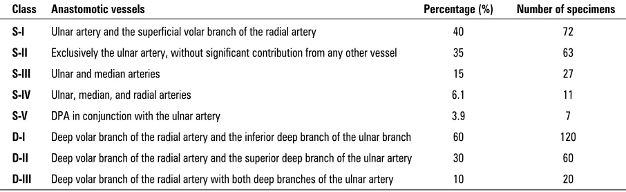 Table 1. A synoptic form of all the classes of both superficial and deep palmar arches with percentages and number ofspecimens for each class