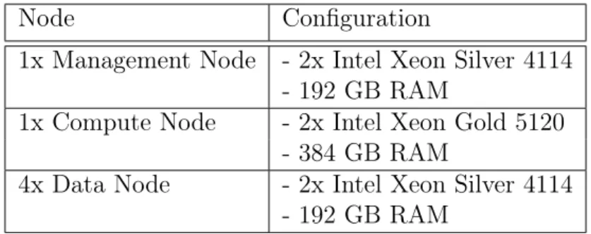 Table 4.1 delineates the configuration of these nodes. A 25Gbit and 10Gbit physical net- net-works are deployed, interconnecting the nodes