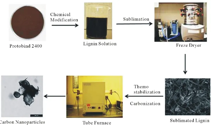 Figure 1 shows a schematic representation of the various steps involved in the synthesis of carbon nanoparticles Brown coloured lignin solutions were transferred into steel beakers and solidified using liquid nitrogen