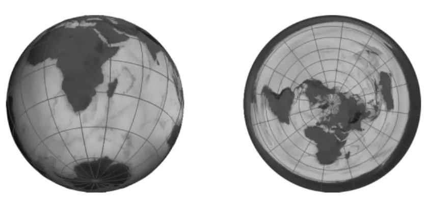Figure 1.12. From the sphere to a disc via geographic coordinates.