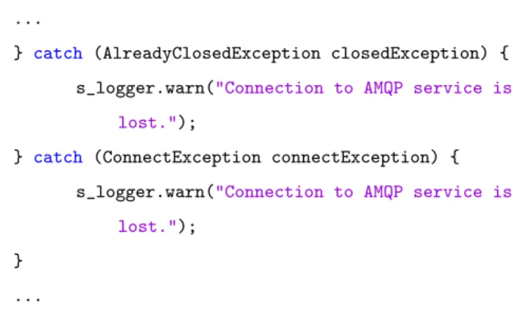 Figure 1: An example of duplicate logging code smell that we detected in CloudStack. The duplicate logging statements in the two catch blocks contain insufficient information (e.g., no exception type or stack trace) to distinguish what may be the occurred 
