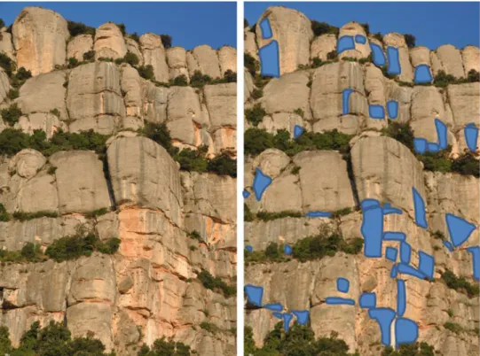 Fig. 1 Example of rockfall scars (blue polygons) observable at the Degotalls wall, Montserrat massif, Catalonian Coastal Ranges, Spain B B A BACCCChh