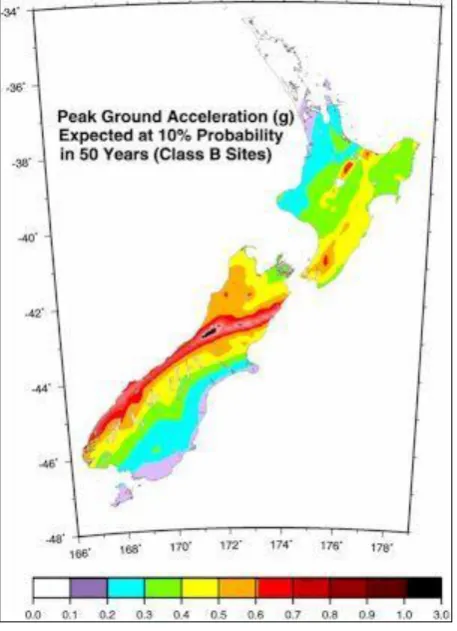 Figure 4.14: Peak ground accelerations (g) expected at 10% probability in 50 years for intermediate soil sites (from Stirling et al