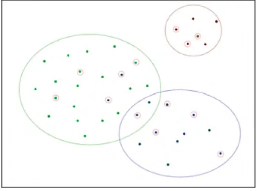 Figure 2.2 Competitive learning. Points of different classes (colors) compete within their rules to be used for the learning (red