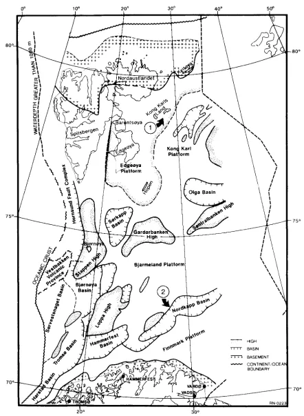 Fig. 1. Map of the Barents Sea Region, showing the main structural elements and the positions of the type localities of the dinoflagellate species described herein: 1) Kong Karls Land Hwagrehaugen section
