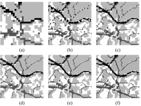 Figure 3. Land cover maps produced by different methods at the zoom factor z=5. (a)  HC, (b) PS, (c) BI, (d) BP, (e) OSL, (f) DeepSRM