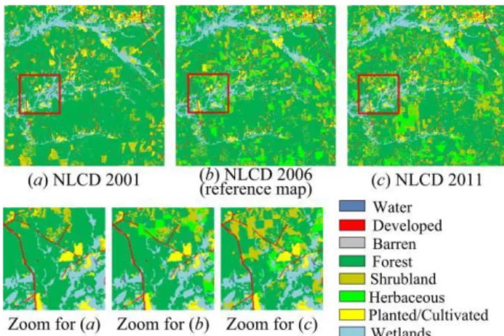 Fig. 4. The reference maps and change maps of the NLCD data. 