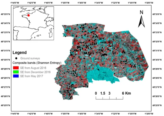 Figure 1. Location of the “Zone Atelier Armorique” study site and ground surveys (RGB composite  image from Sentinel-1 data, 2016, ©Copernicus data 2016).SE: Shannon Entropy