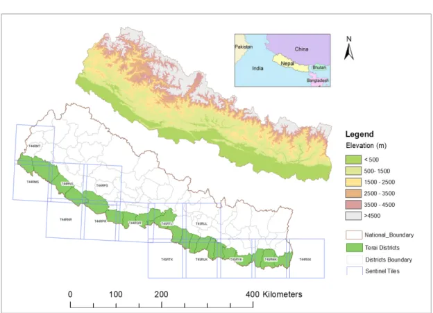 Figure 4.1: Study area with elevation profile and sentinel tiles