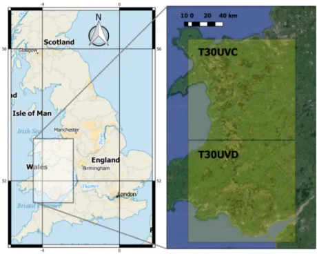 Figure 1. The study area: The area covered by tiles T30UVC and T30UVD of Sentinel-2, corresponding  to the study area, are shown in the map on the right