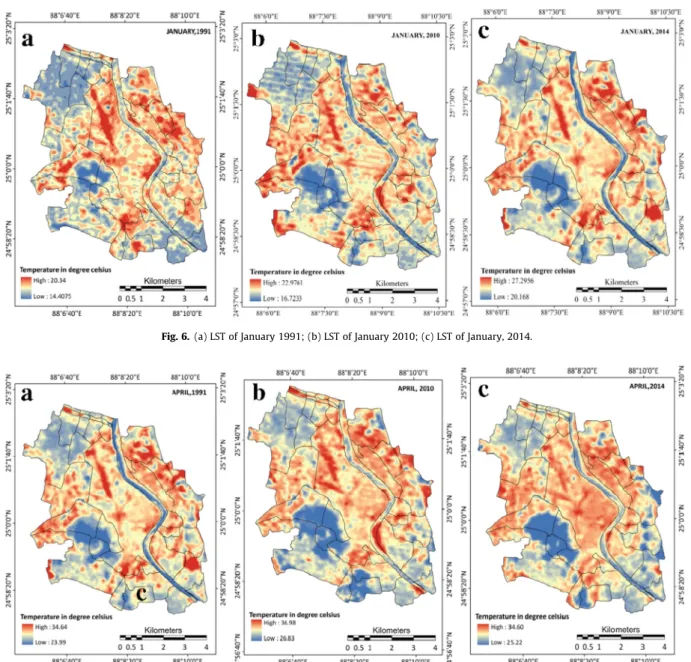 Fig. 7. (a) LST of April 1991; (b) LST of April 2010 and (c) LST of April 2014 Rise of spatial temperature since 1991–2014 is 1.69 °C.