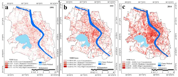 Fig. 14a and b exhibit the relationship between NDBI and LST of winter period in 1991 and 2014 and 14c and 14d indicate the same relation in pre monsoon or summer period (April) of the same time phases