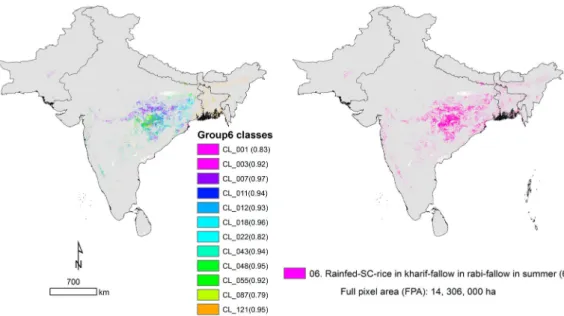 Figure 6. Spatial distribution of rice-fallow classes of rainfed areas. These 12 classes (left image) have rice crop grown during kharif (June –October) season, but are left fallow during the rabi (November–February) season