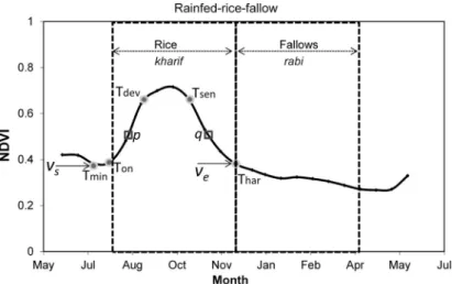 Figure 7. Classic case of rainfed rabi-fallow. A model of vegetation phenology and transition dates, as in Equation (3)