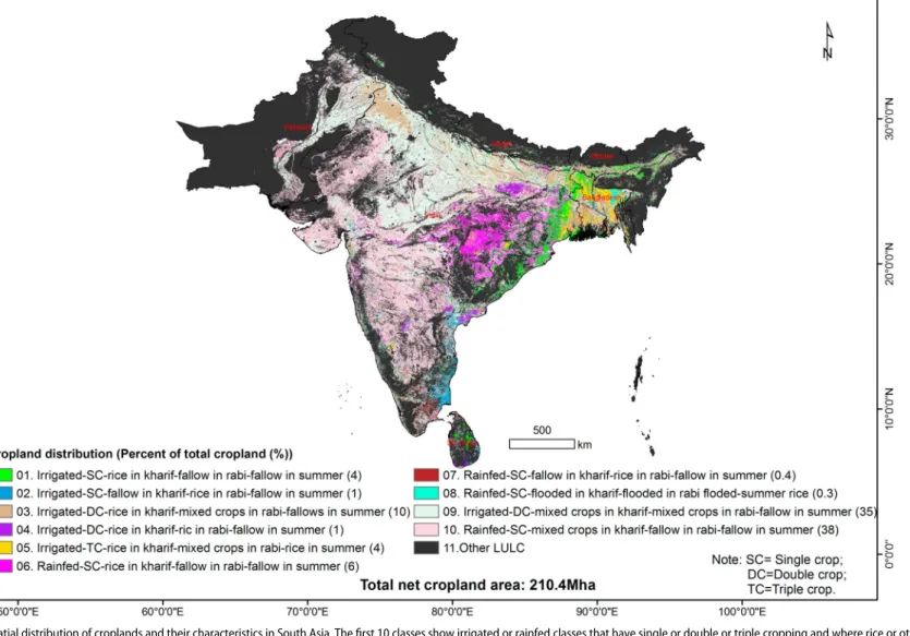 Figure 8. Spatial distribution of croplands and their characteristics in South Asia. The ﬁrst 10 classes show irrigated or rainfed classes that have single or double or triple cropping and where rice or other crops dominate