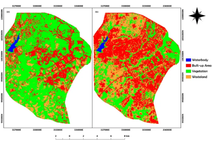 Figure 3: Land use Land cover classifications for (a) 1987 (b) 2014. 