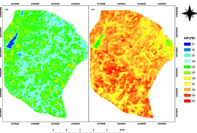 Figure 4: LST maps for (a) 1987 (b) 2014. 