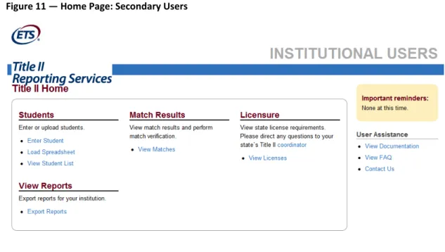 Figure 11 — Home Page: Secondary Users      4.3  Profile	Maintenance:	Change	Password	and/or	Security	Question	 To change your password or security question at any time, select the Change Password and/or Security  Question link in the upper right corner of