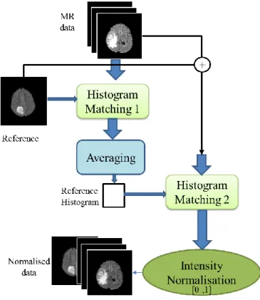 Figure 4-2 The flowchart of histogram matching and linear normalisation to the range [0, 1]