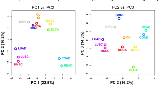 Fig 4. Principal component analysis and unsupervised clustering of 11 tumor types using consensus edge weights from the TOP6 methods