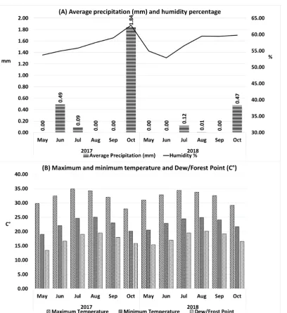 Fig. 1. (A) Average precipitation (mm) and humidity (%) and (B) Maximum and minimum temperature and Dew/Forest Point (C°) of experimental site during crop growth during two years
