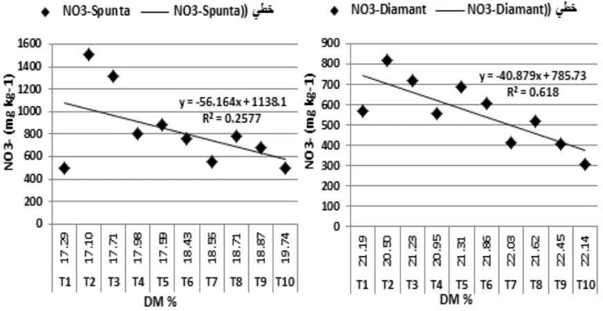 Fig. 5. Tuber content of DM (%) and NO3- (mg kg-1) as affected by treatments, and the relationship between them