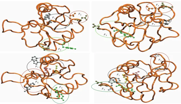 Figure 3.5: Top Left: Spatial distributions of the top 3 features from LPGBCMP in protein 1EGI.