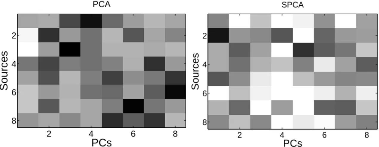 Figure 4.2: Comparing PCA and Sparse PCA. Left: PCA. Right: SPCA.