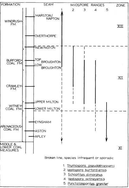Fig. 3. Zonation of seams in the Upper Coal Measures of the Oxfordshire Coalfield based on the stratigraphic ranges of selected spores