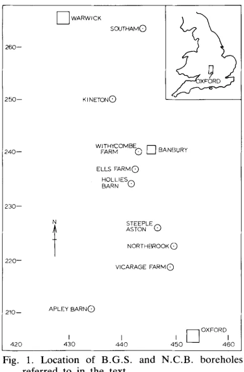 Fig. 1. Location of B.G.S. and N.C.B. boreholes referred to in the text. 
