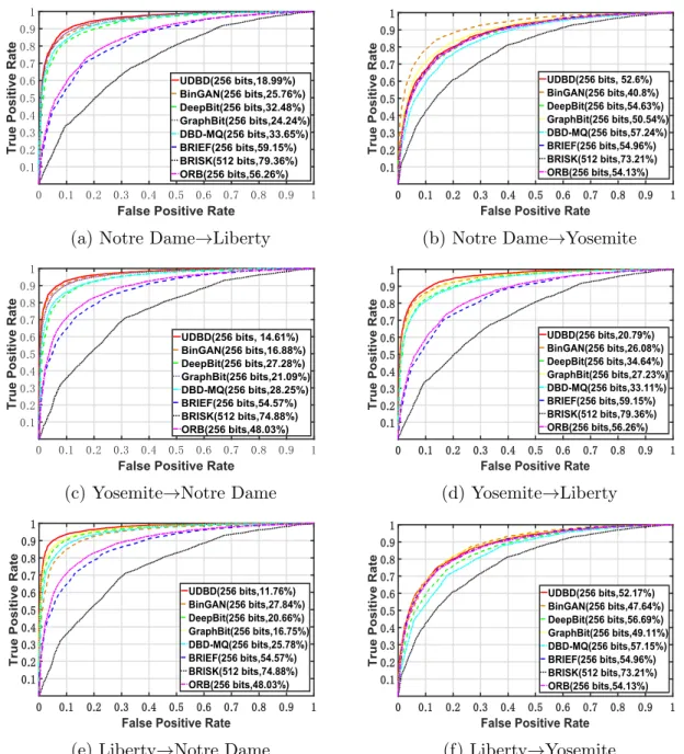 Figure 3.4: The ROC curves under different settings on Brown dataset when using various unsupervised binary descriptors