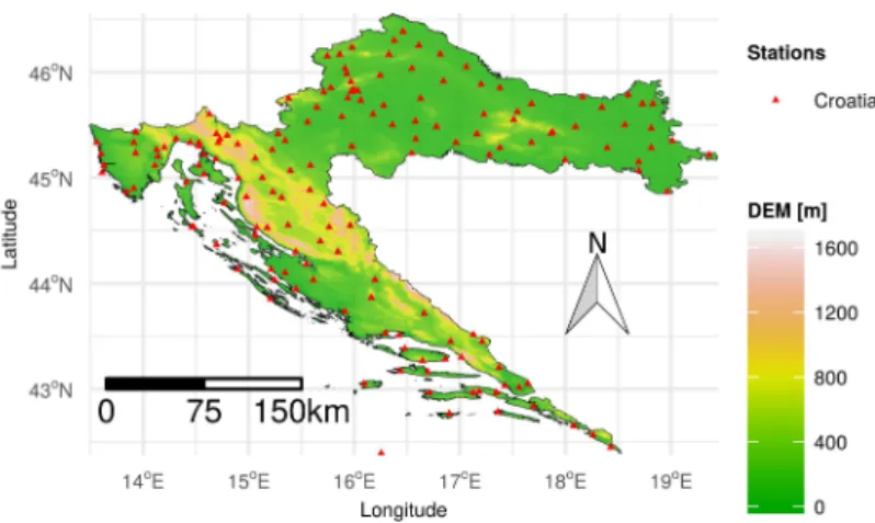 Figure 3. Station locations in Croatia on top of a digital elevation model (DEM) of the study area.