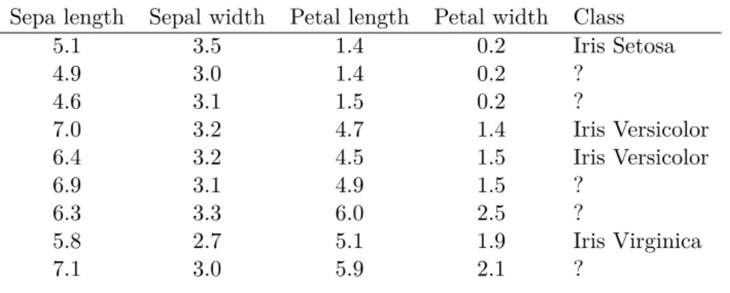 Table 1.3: A portion of the iris dataset in semi-supervised classification.