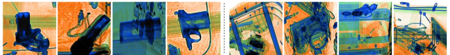 Figure 3. Training data examples. Positive examples (left) showing firearms and sub-components of various sizes, shapes, orientations etc