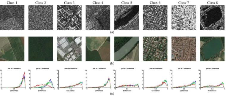 Fig. 2. Classes in the bistatic SAR image database: C1—agricultural fields; C2—forest; C3—industrial area; C4—mixed vegetation; C5—riverside; C6—urban-1 (medium density); C7—urban-2 (high density); C8—water body