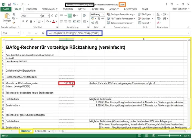 Abbildung 1: Ein Bafög-Spreadsheet in Excel2013