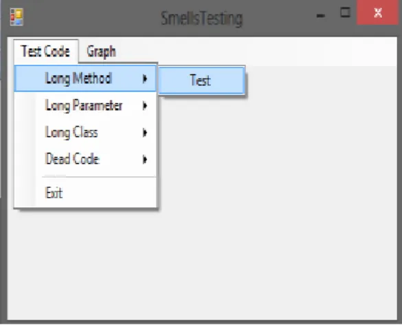 Figure  2:  Showing  select  Test  Code  and  Then  long  method  and  then  click  on Test  to show Long Method Dialog box