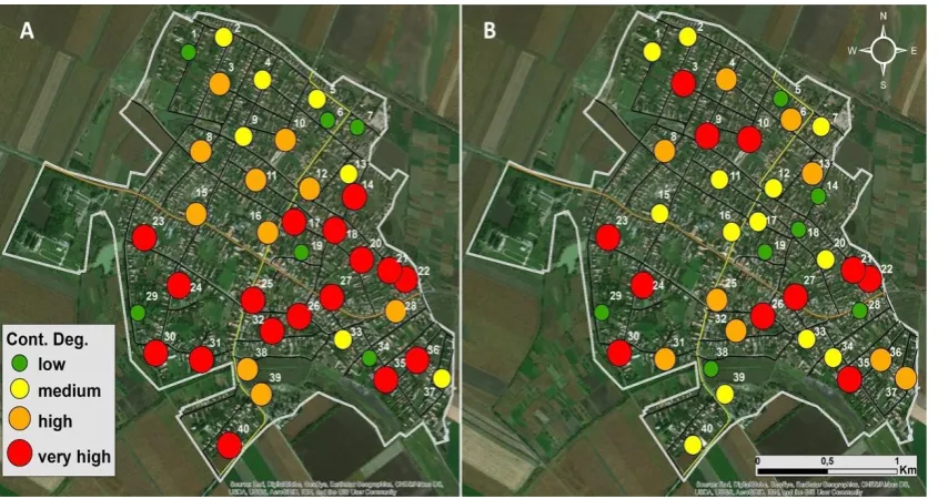 Fig. 3. Spatial distribution of the contamination index  in (A) 2013 and (B)2017 