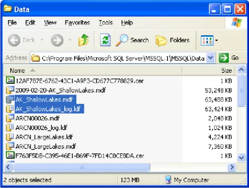 Figure 1.  Example of SQL Server database files.  Copy both the .mdf and the .ldf file to the corresponding  folder on your field computer