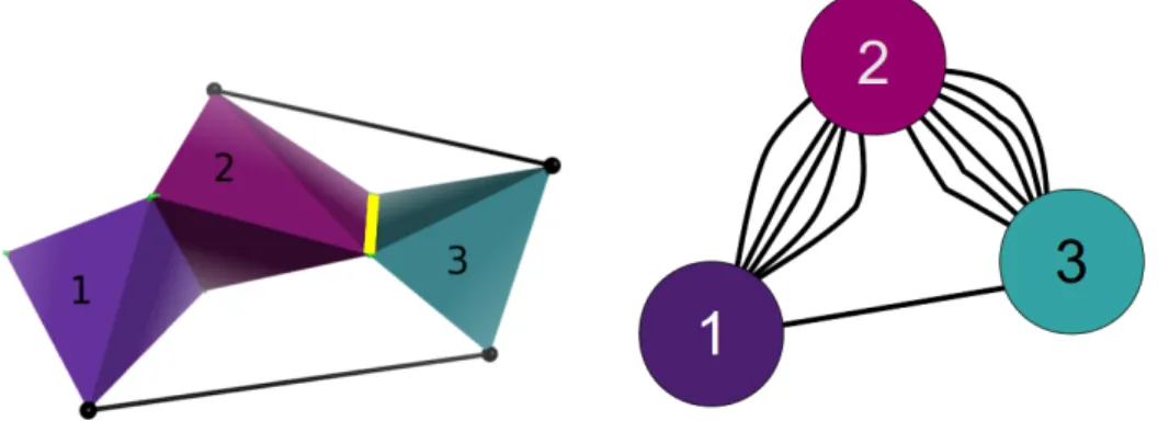 Figure 2.4. Abstract mechanical framework of a protein’s structure. An abstract model illustrates how bars would be placed between bodies, if hydrogen bonds or other stabilizing interactions existed between them (left)