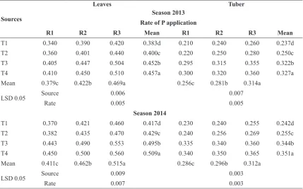 TABLE 6. Effect of source and rate of P fertilizers on phosphorus (%) of potato leaves and tubers