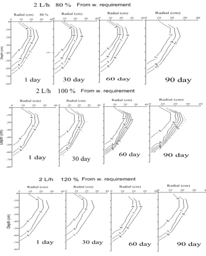 Fig. 3a. Spatial distribution of salts in subsurface drip line during the growing season for the 2L/h  discharge rates