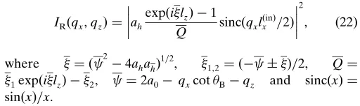 Figure 7Calculated RSMs (on a logarithmic scale with a step size of 0.18 for intensity, where red and blue correspond to the highest and lowest intensity,respectively) near the Si(111) reciprocal space vector for different lateral widths, lðexÞx, of the re