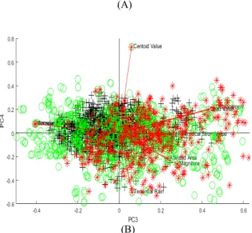 Fig. 1.  Principal components, corresponding variance and impact on target  classes; Class 1 is -+-, Class 2 is the green  -o- and Class 3 is -*-