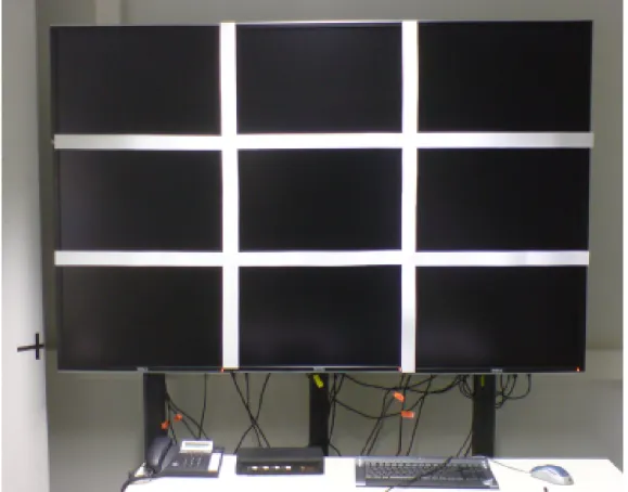 Figure 2.1: A 3 x 3 LCD-based tiled wall system, set up with non-reflective card- card-board for the Tiled++ approach, University of Kaiserslautern, Computer Graphics and HCI Group, Germany.