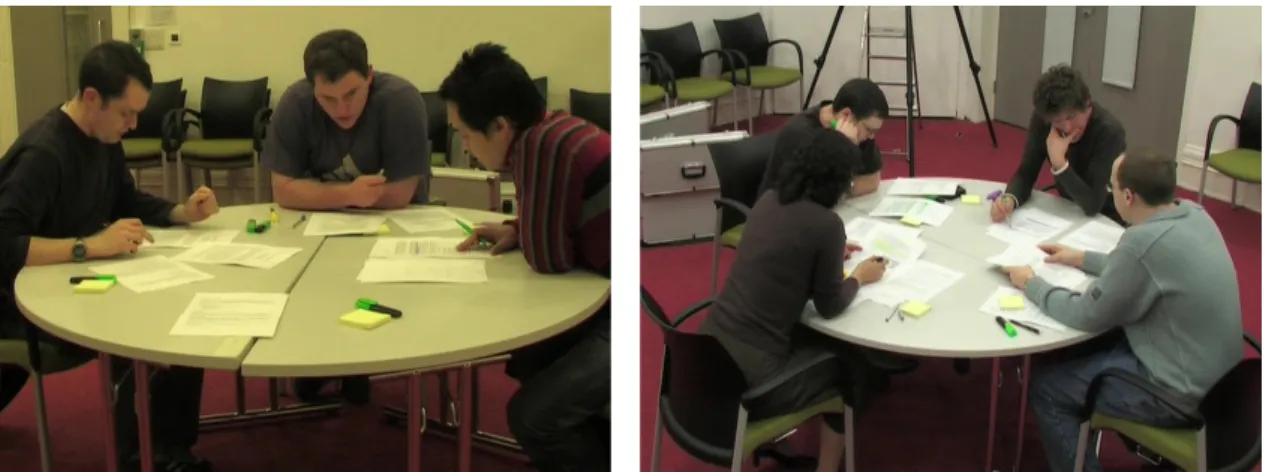 Figure 2.3: Collaborating: leaning forward with papers, including personal ones, pushed slightly toward the centre (Stage 2: annotating the public document).