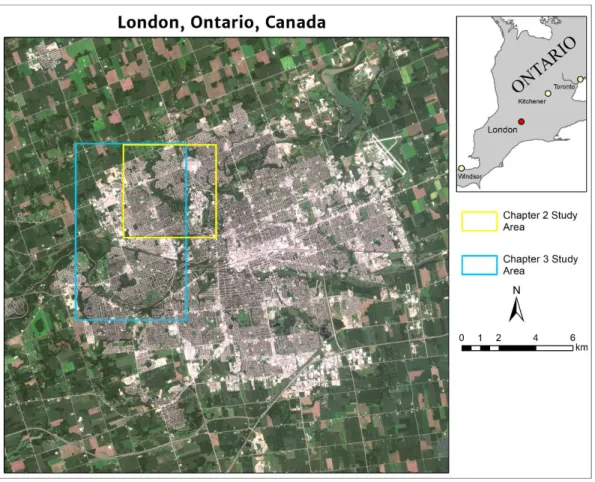 Figure 1.1: Study area for chapters 2 and 3 within London, Ontario. Sentinel-2  image used for city overview